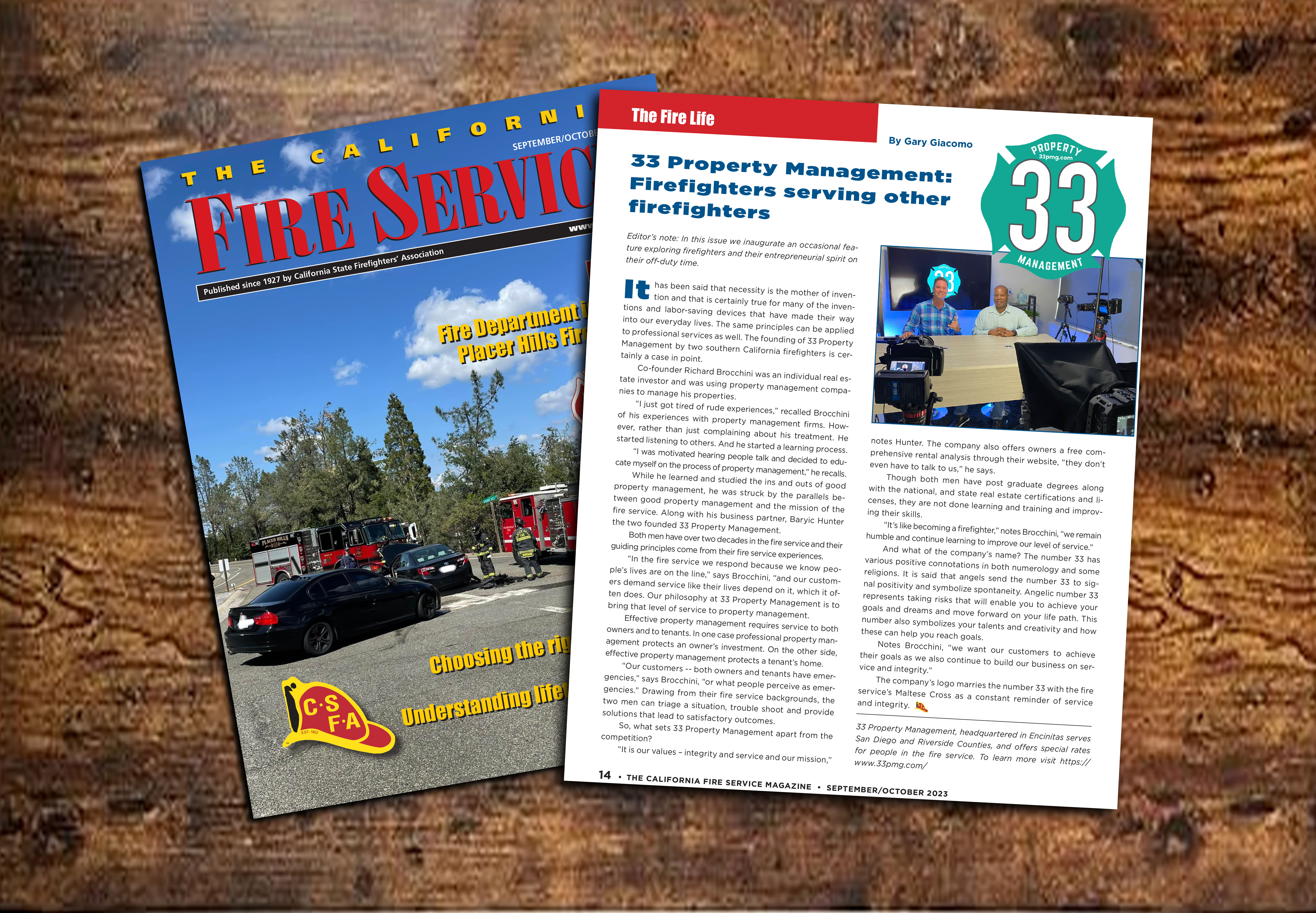 The California Fire Service Magazine (CFSM) October Issue Featured 33 Property Management Group where the company was featured as a Firefighter owned company.