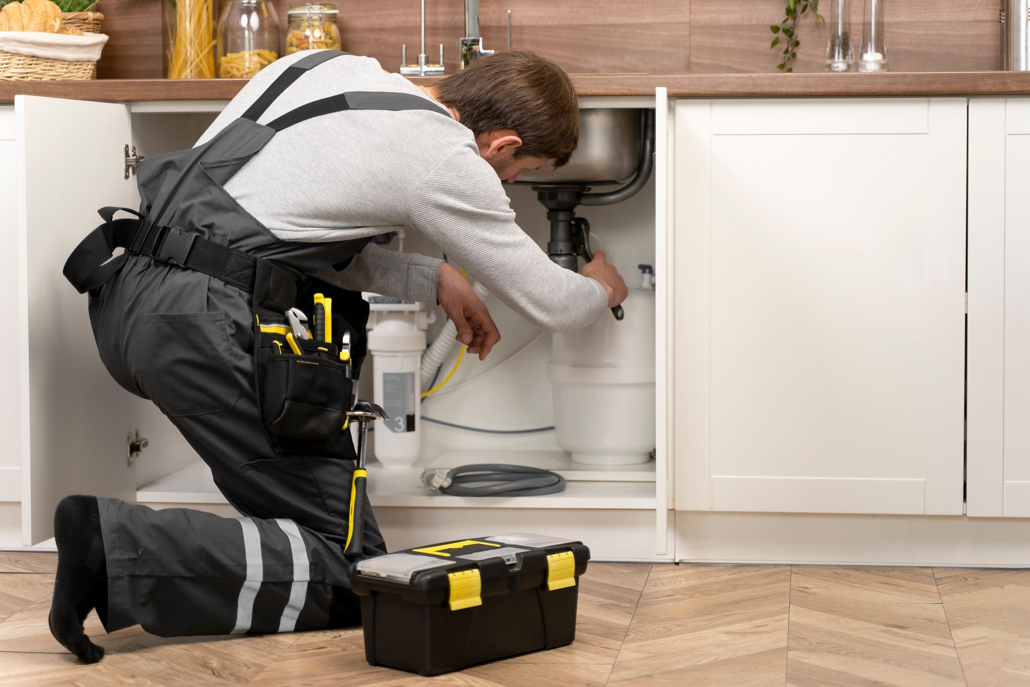 Handyman fixing plumbing issues as part of the regular property maintenance.