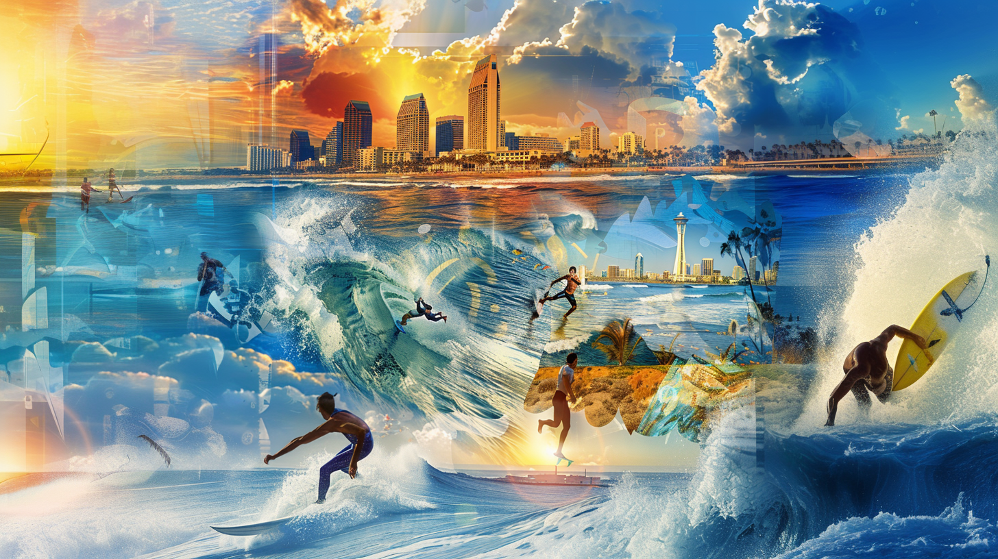 San Diego's variety of outdoor activities in a collage showing surfing, hiking, MMA, wind surfing.