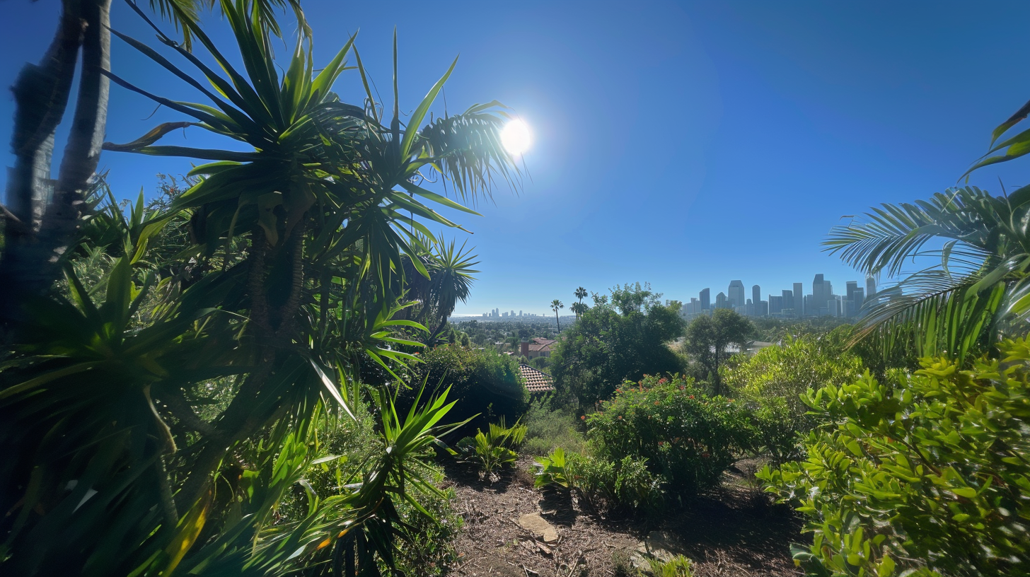 A photo from a home backyard with the San Diego Downtown skyline in the background on a perfect sunny day.